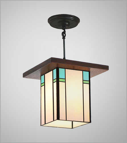 Decorative pendant light with stained glass design on a gray background