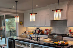 Elegant Kitchen Design with 3 Elongated Mission Lanterns