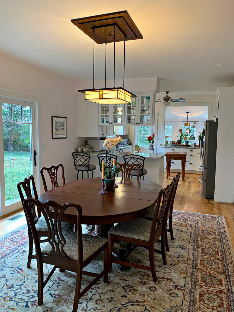 Mission Chandelier #609 with a Very Custom Oak Ceiling  Board